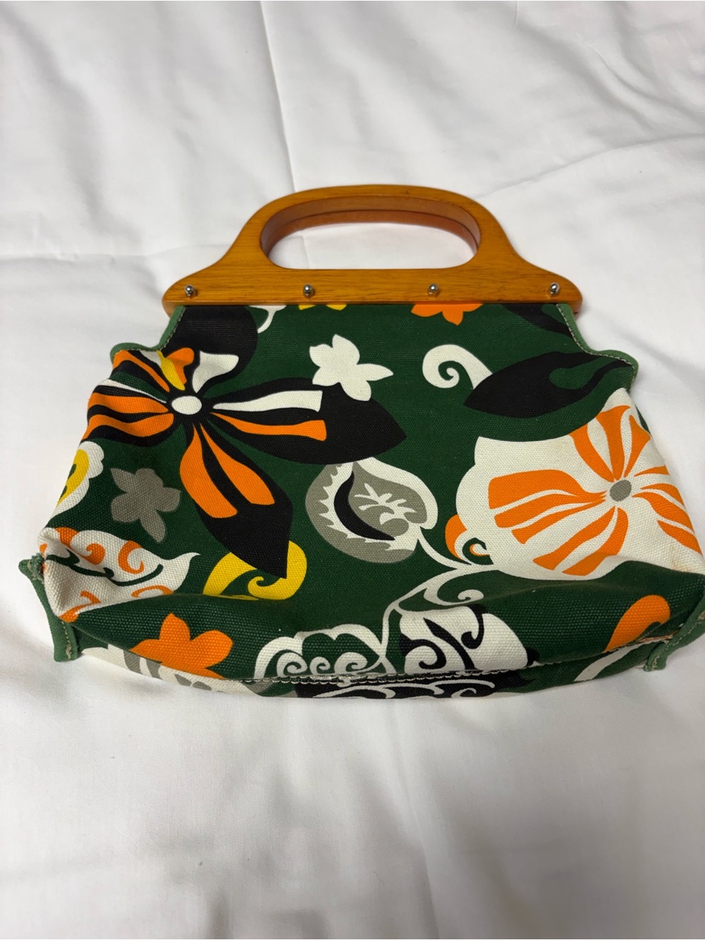 J. Crew Boho Green Floral Canvas Tote with Wood Handles